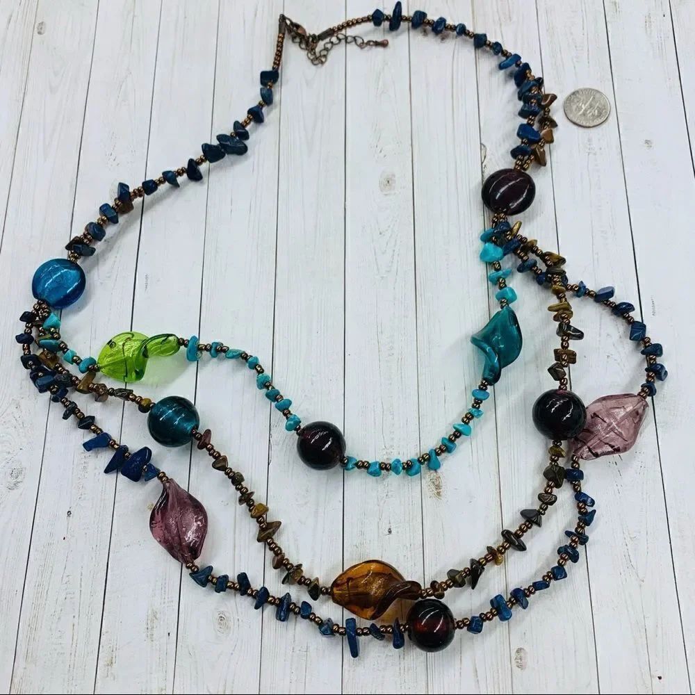 Multi Strand Glass and Stone Beaded Necklace‎